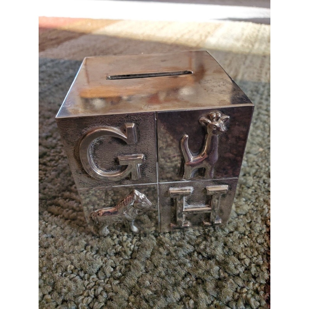 Vintage Building Block Cube Coin Bank Silver Plated Metal ABC’s 123’s Ba…